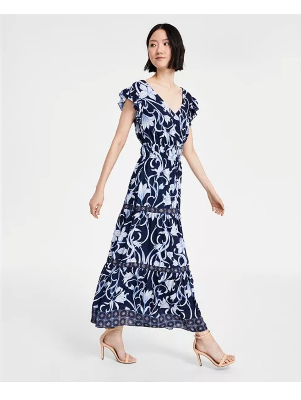 Anne Klein 1X Navy Blue Floral Maxi Dress Tiered Ruffle Sleeve NWT $159